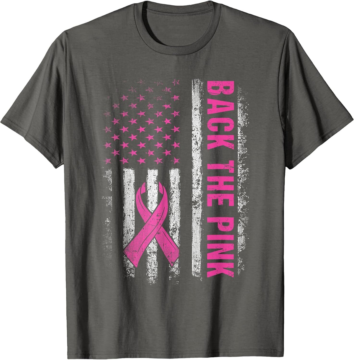 Back The Pink Ribbon American Flag Breast Cancer Awareness T-Shirt - Asphalt Grey