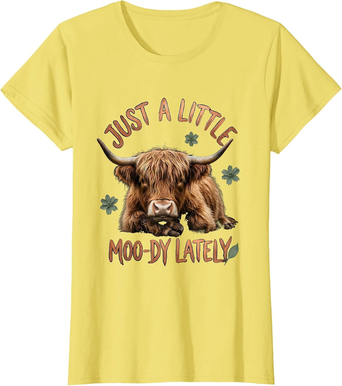 Women's Just A Little Moo-dy Lately Funny Highland Cow Boho T-Shirt - Lemon Yellow
