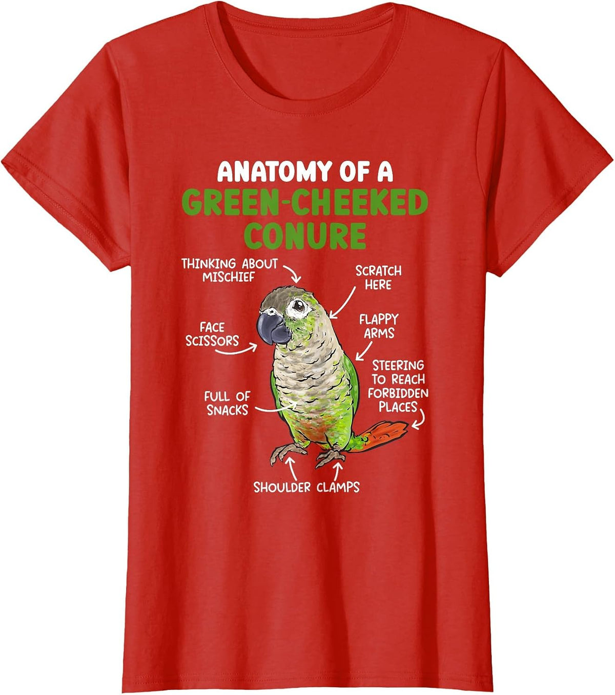 Anatomy of A Green Cheeked Conure Parrot Bird Conure T-Shirt - Red