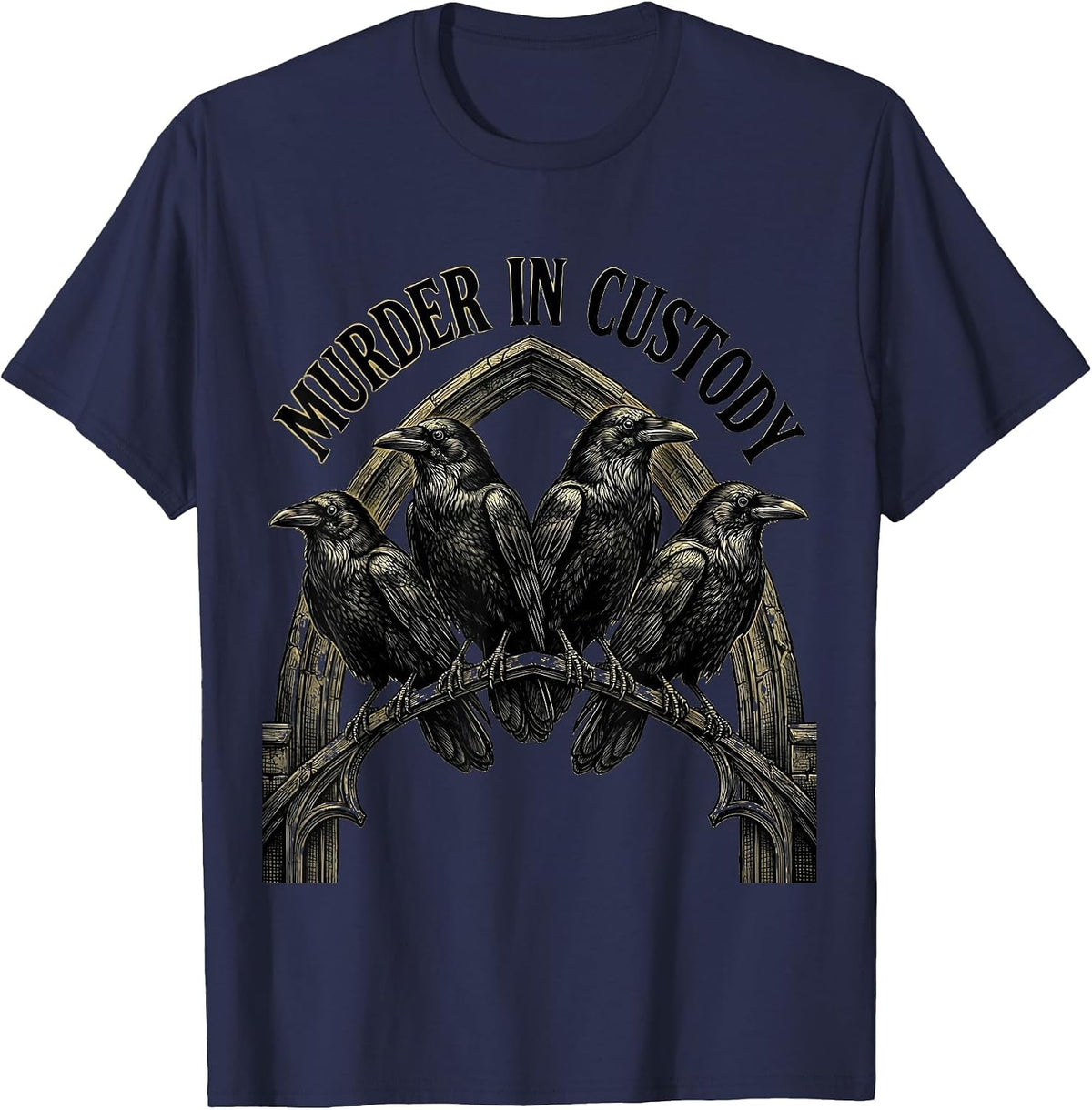 Men's Murder In Custody Gothic Dark Humor Crow Raven Bird Lover T-Shirt - Navy Blue