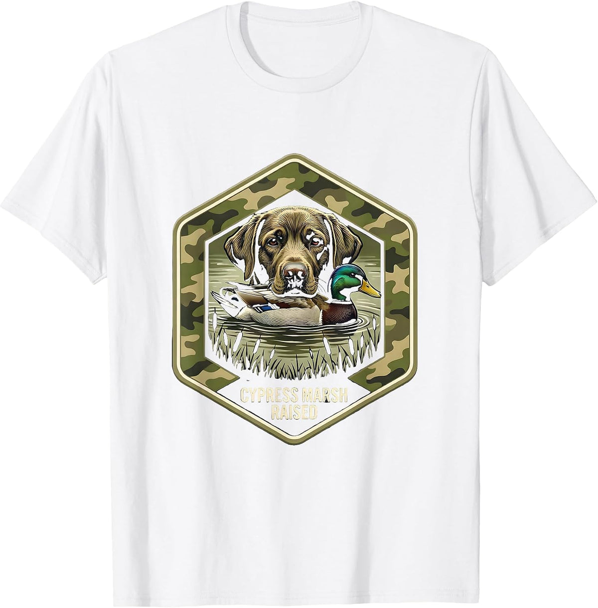 Men's Cypress Marsh Raised Hexagonal Badge Labrador Duck Hunting T-Shirt - White