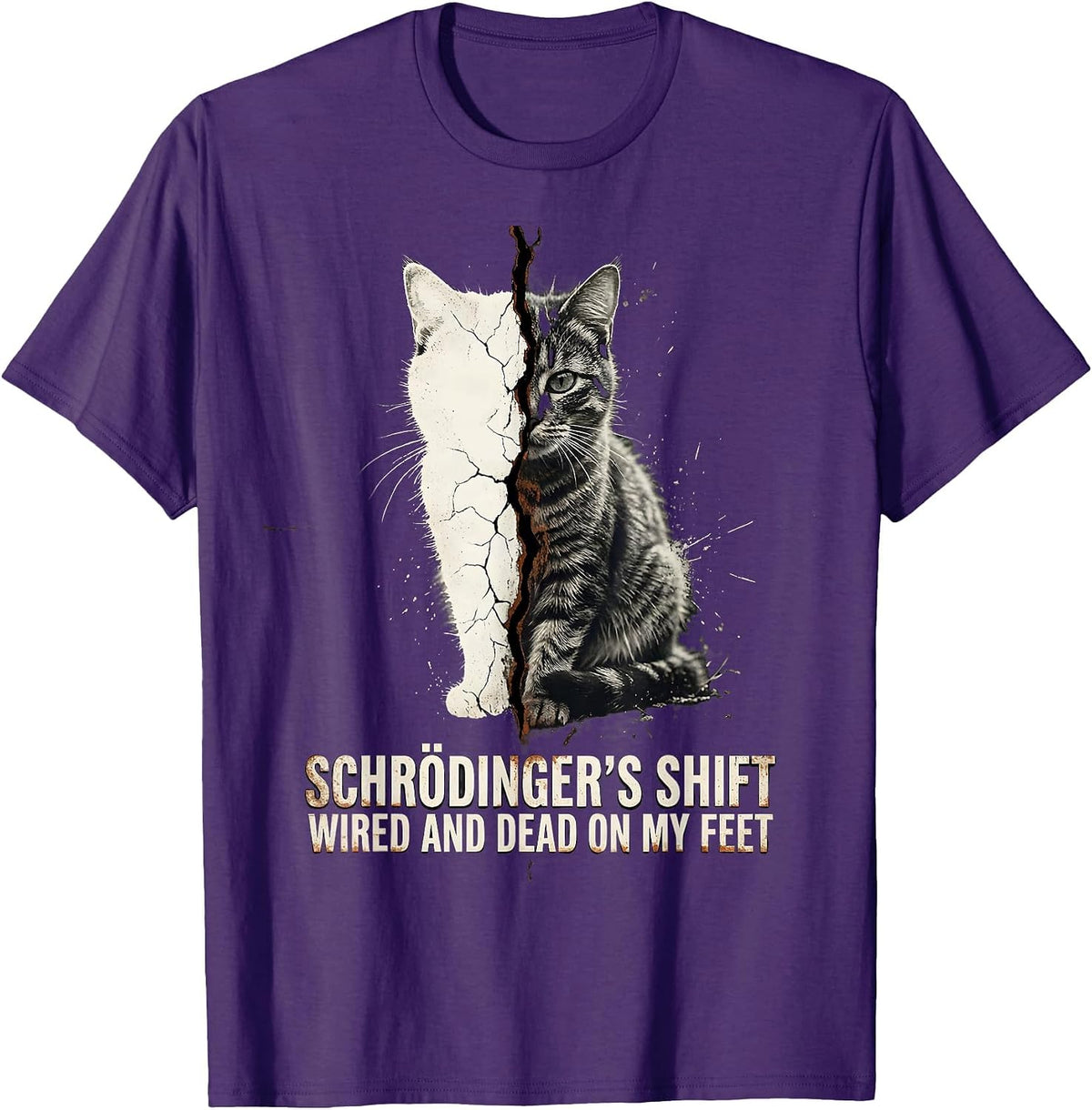 Schrödinger's Shift: Wired and Dead on My Feet Physics T-Shirt - Purple