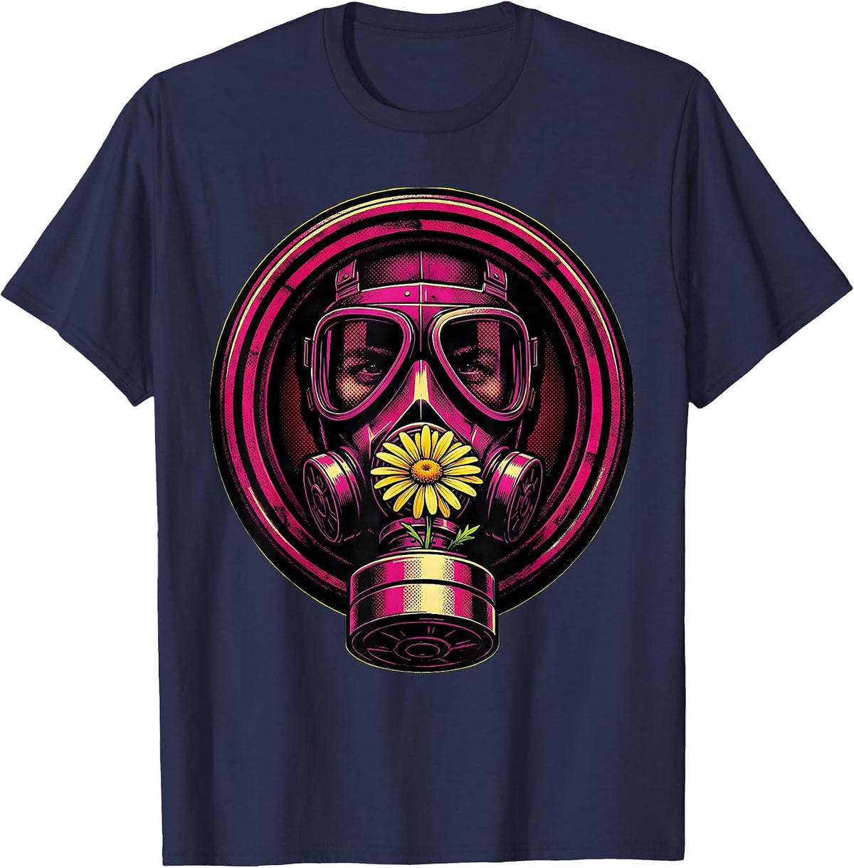 Punk Gas Mask Flower Graphic Tee T-Shirt - Navy Blue