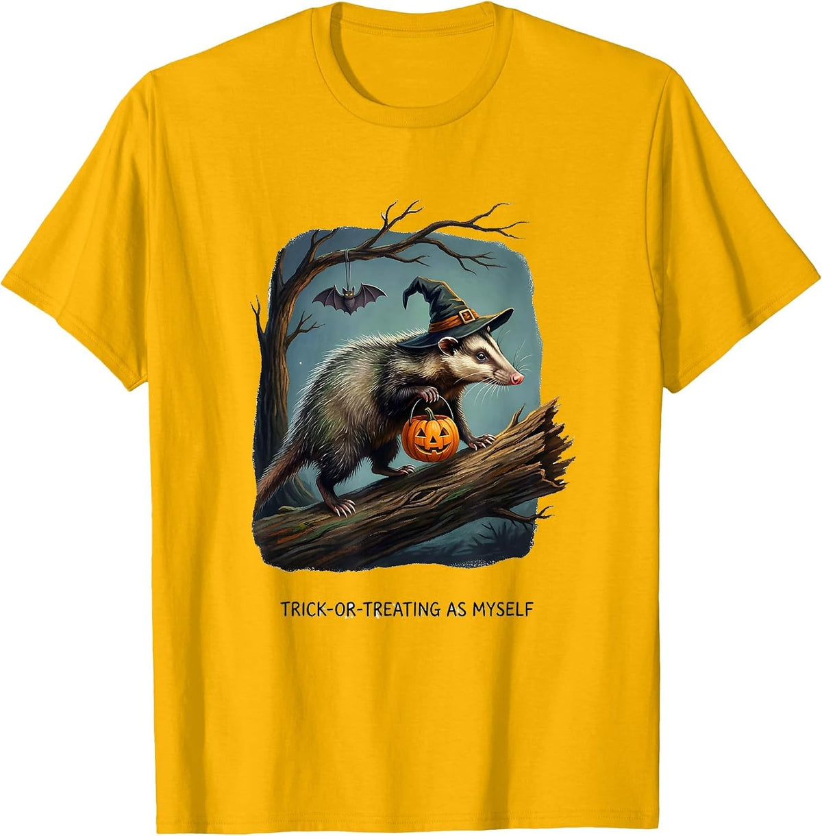 Trick-or-Treating As Myself Whimsical Spooky Opossum T-Shirt - Golden Yellow
