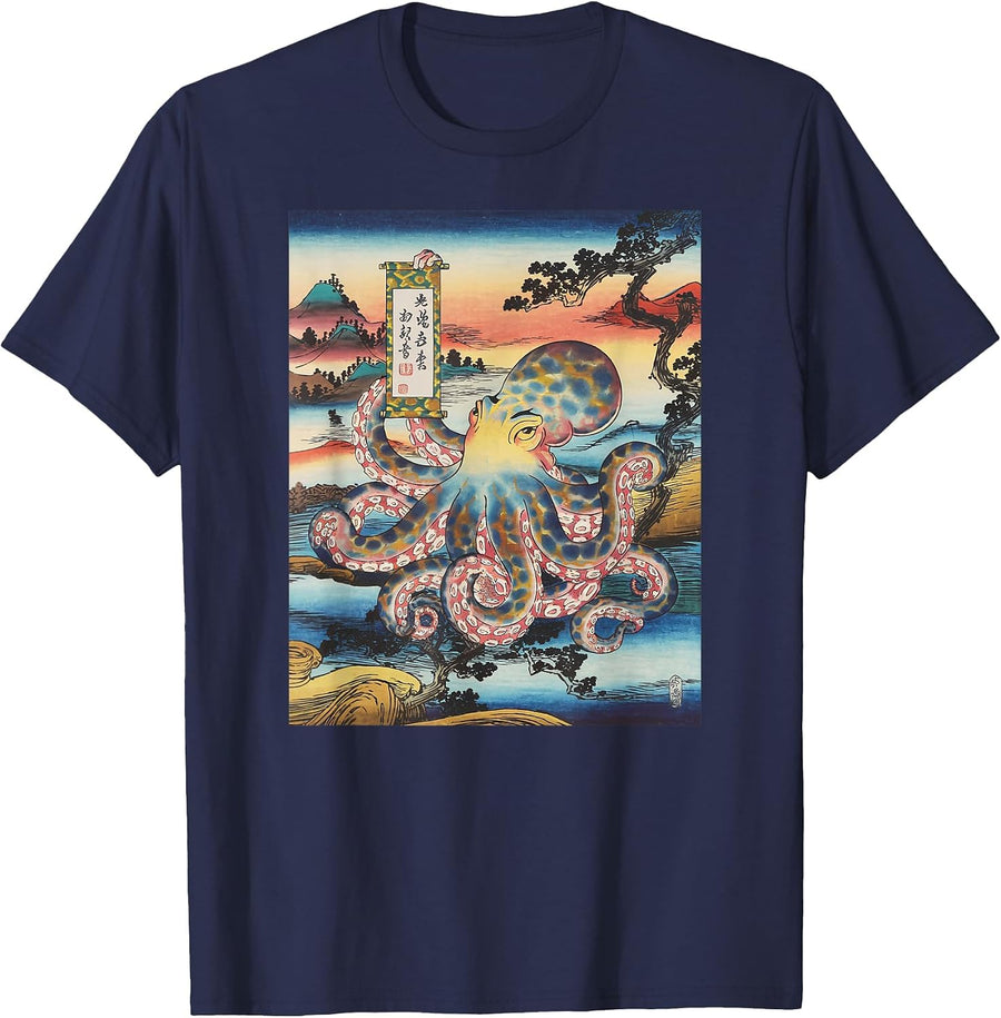 Japanese Art Octopus Kyosai Vintage Japan Artwork T-Shirt - Navy Blue