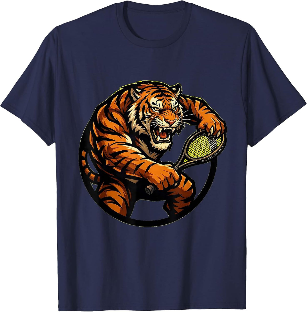 Tiger Tennis Player Fierce Lunging Racket Graphic T-Shirt - Navy Blue