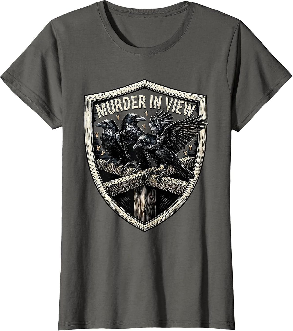 Women's Murder In View Dark Humor Crow Raven Bird Lover Gothic T-Shirt - Asphalt Grey