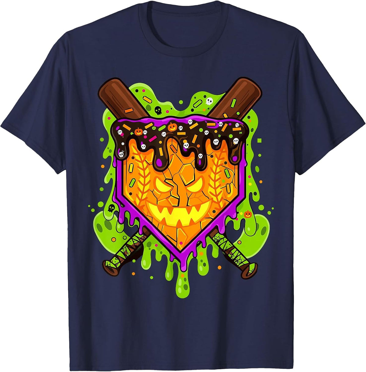 Halloween Pumpkin Drip Baseball T-Shirt - Navy Blue