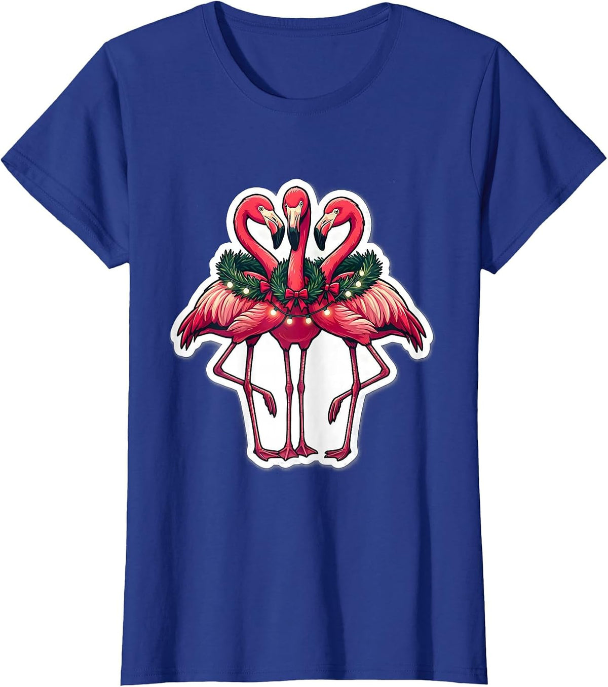 Women's Pink Flamingo Cluster Holiday Novelty Sticker Style T-Shirt - Royal Blue