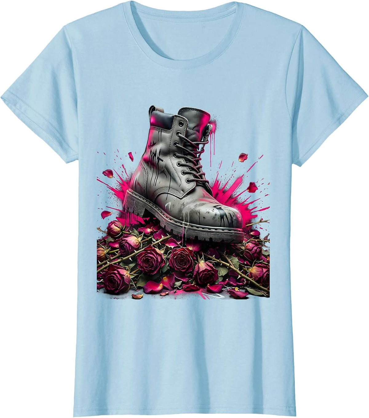 Combat Boot Crushing Dead Roses Graphic T-Shirt - Baby Blue