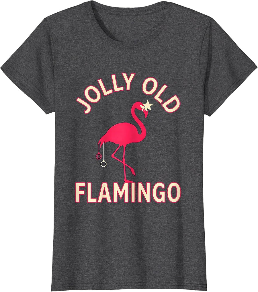 Women's Jolly Old Flamingo Silhouette Funny Pink Flamingo Tropical T-Shirt - Dark Heather Grey