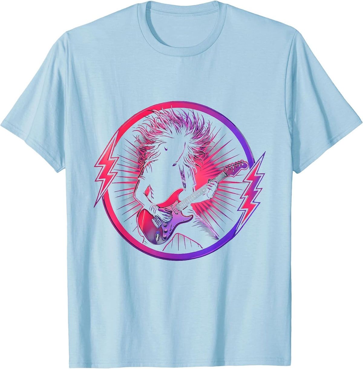 Men's 80s Hairband Rocker Guitar Solo Stage Illustration T-Shirt - Baby Blue