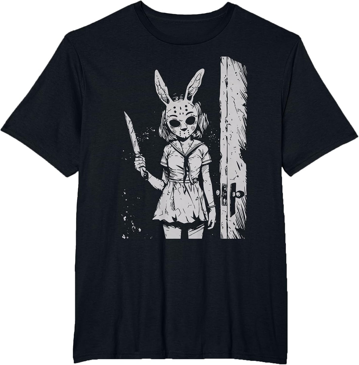 Horror Bunny Mask Girl Rabbit Alt Goth Slasher Creepy Anime T-Shirt - Black