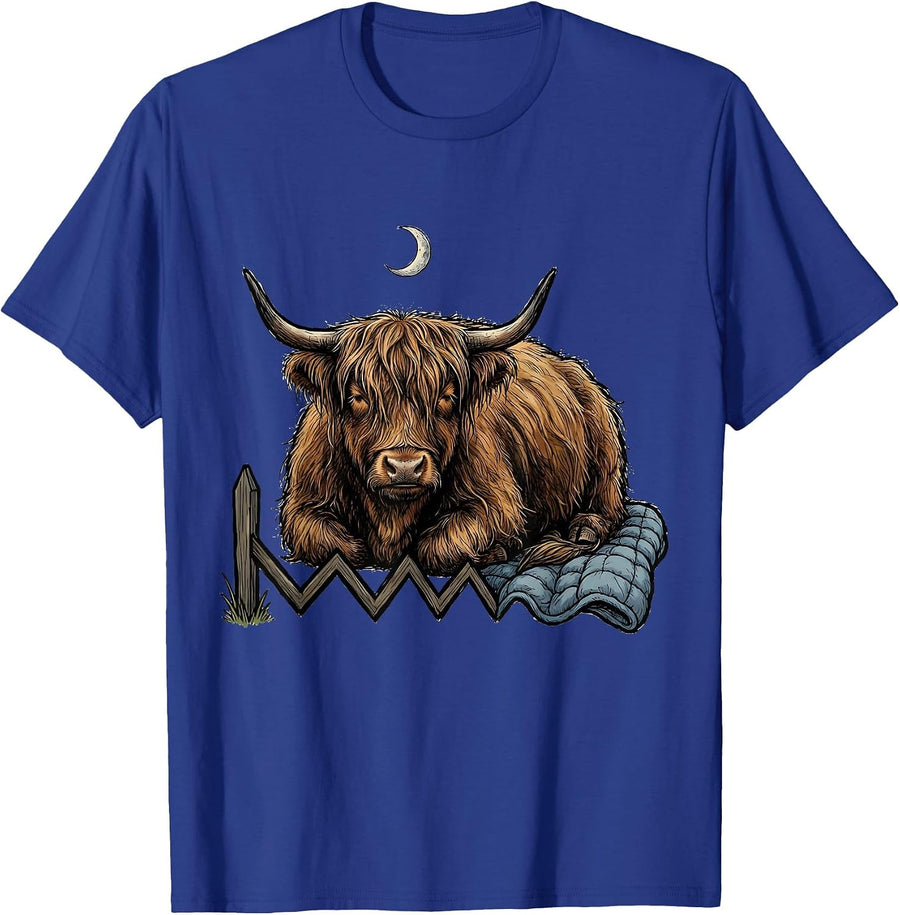 Sleeping Highland Cow Cozy Farm Animal Humor T-Shirt - Royal Blue