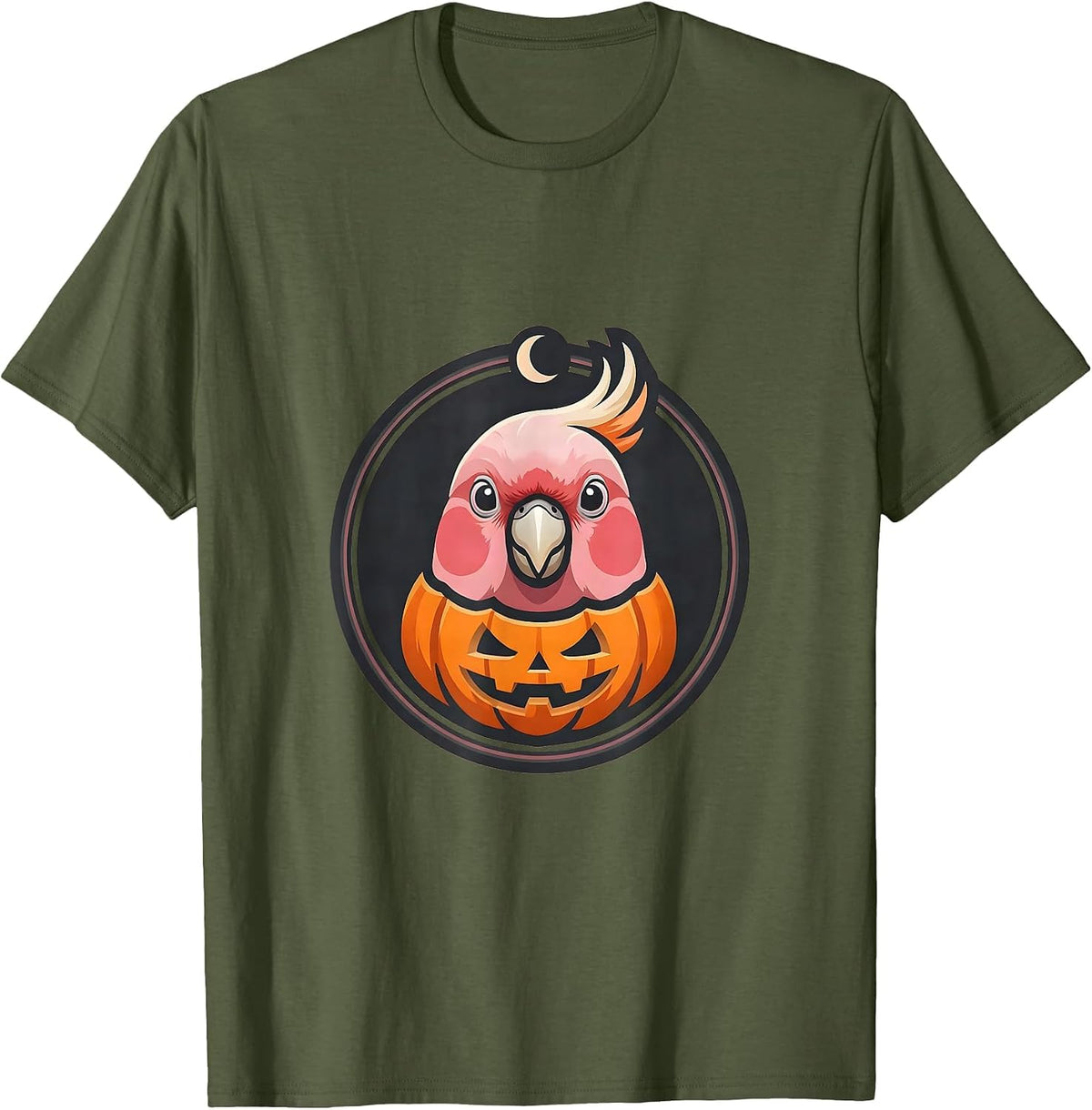 Men's Circular Galah Cockatoo Mascot Logo Pet Bird Lover Halloween T-Shirt - Olive Green