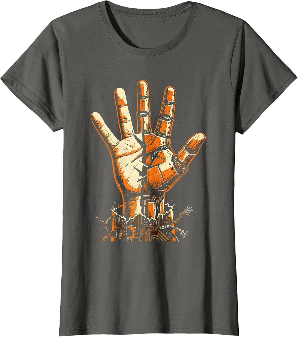 Women's Cyberpunk Half-Machine Hand Reaching Upward T-Shirt - Asphalt Grey