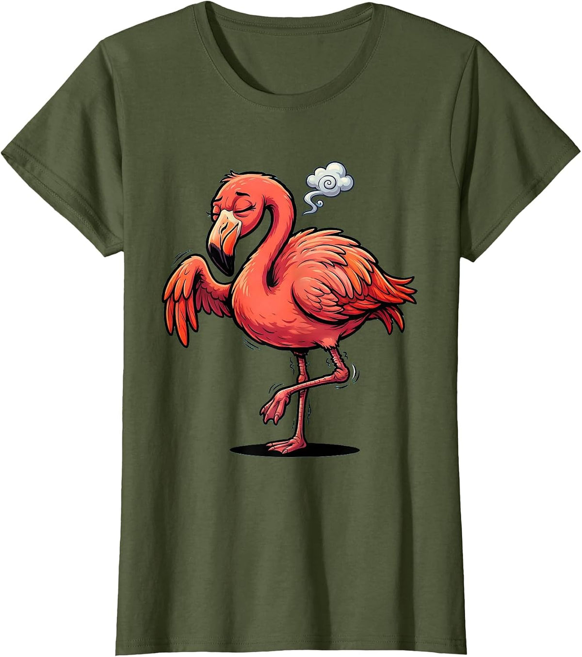 Women's Sleepy Flamingo Funny Dozing Bird Illustration T-Shirt - Olive Green