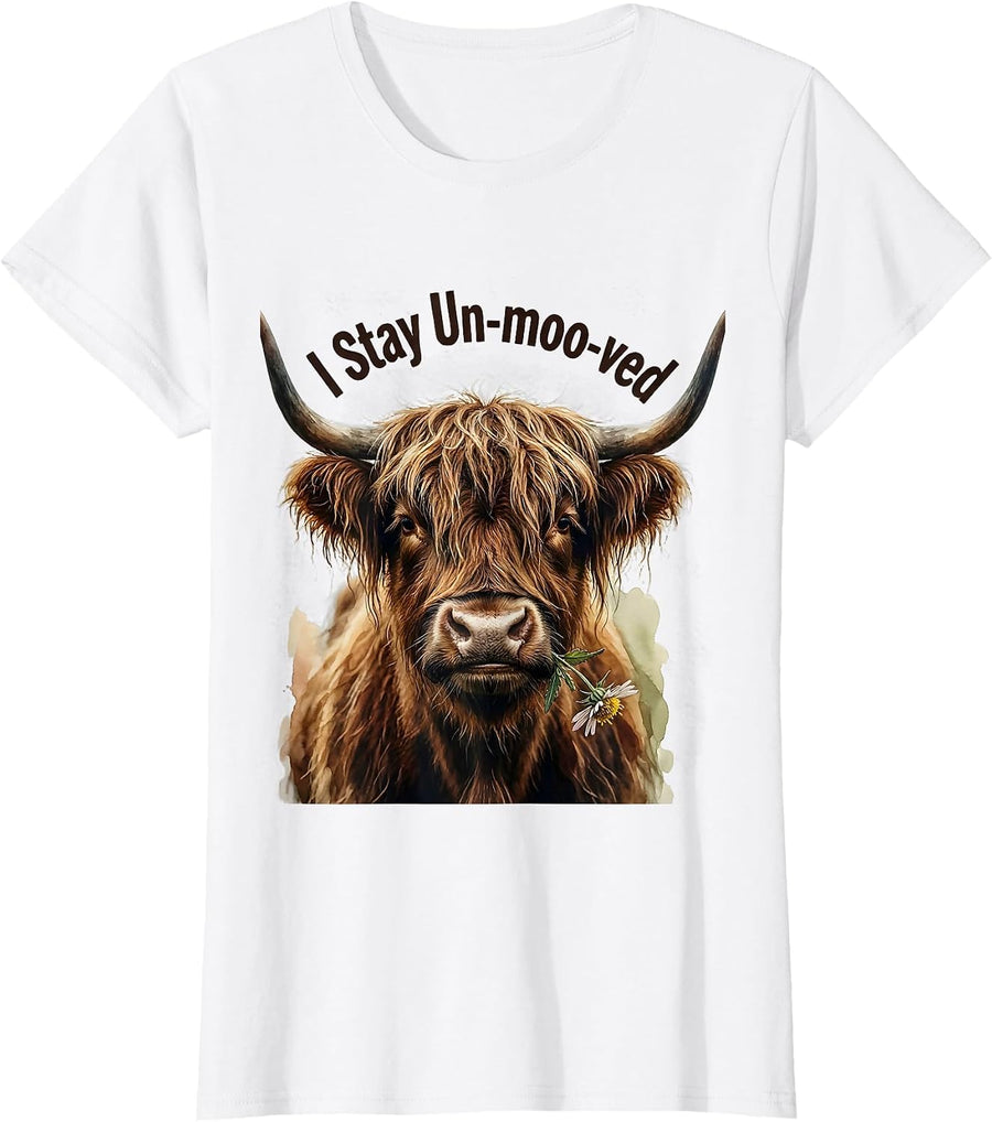 Women's I Stay Un-moo-ved Funny Highland Cow Farm Humor T-Shirt - White