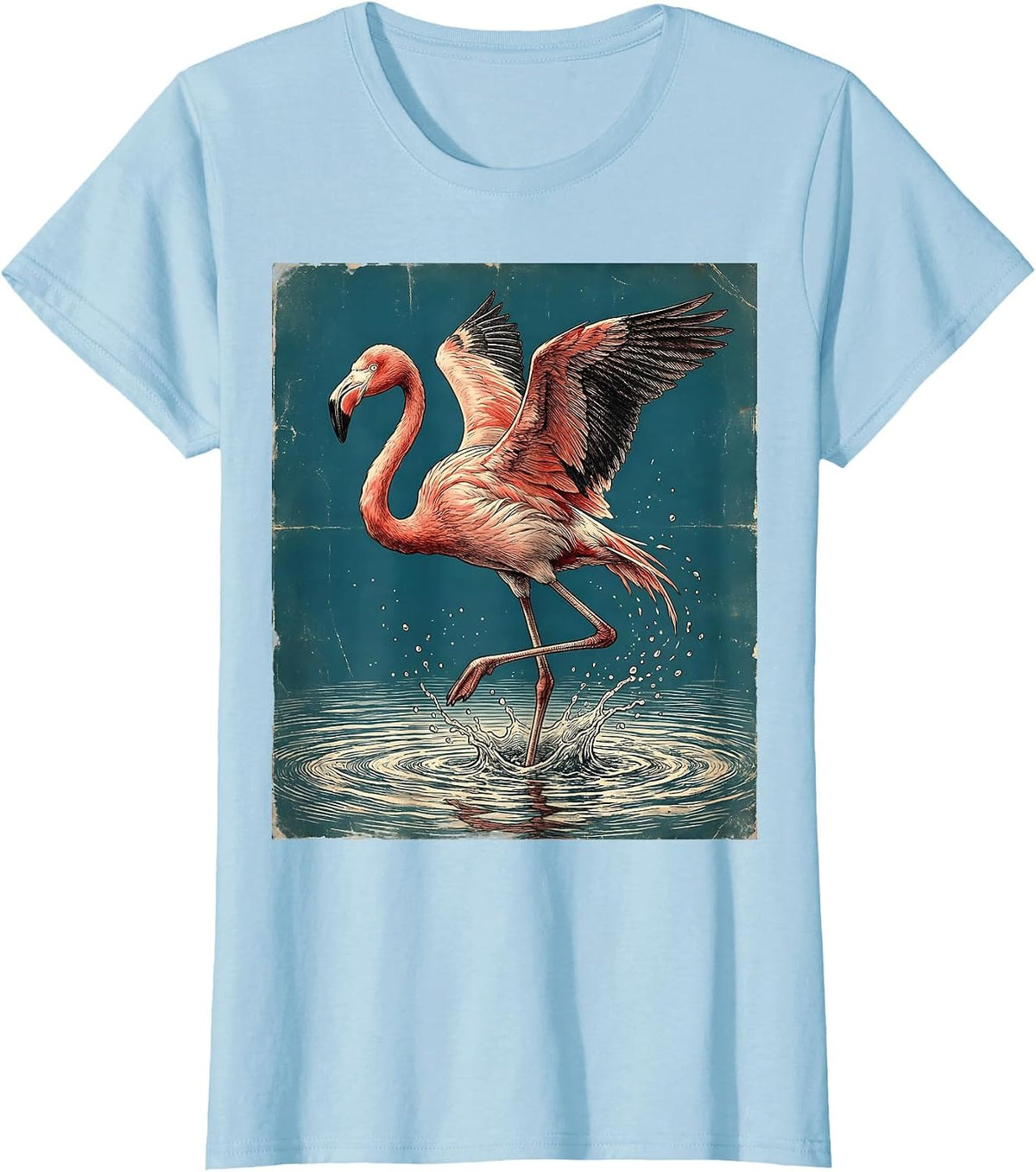 Flamingo Splashing Through Pink Water Art T-Shirt - Baby Blue