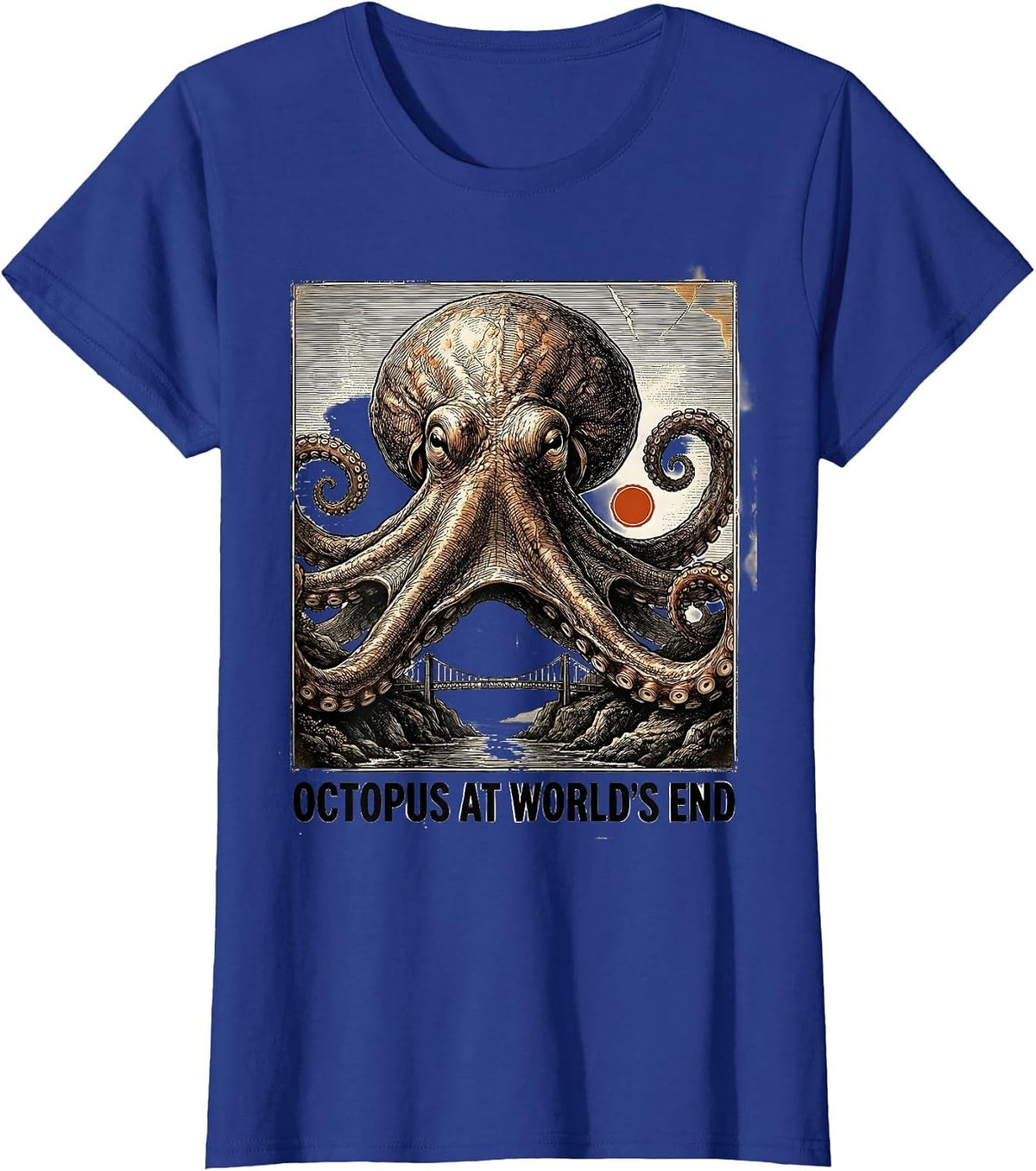 Women's Octopus at World's End Antique Plate-Illustration Octopus T-Shirt - Royal Blue