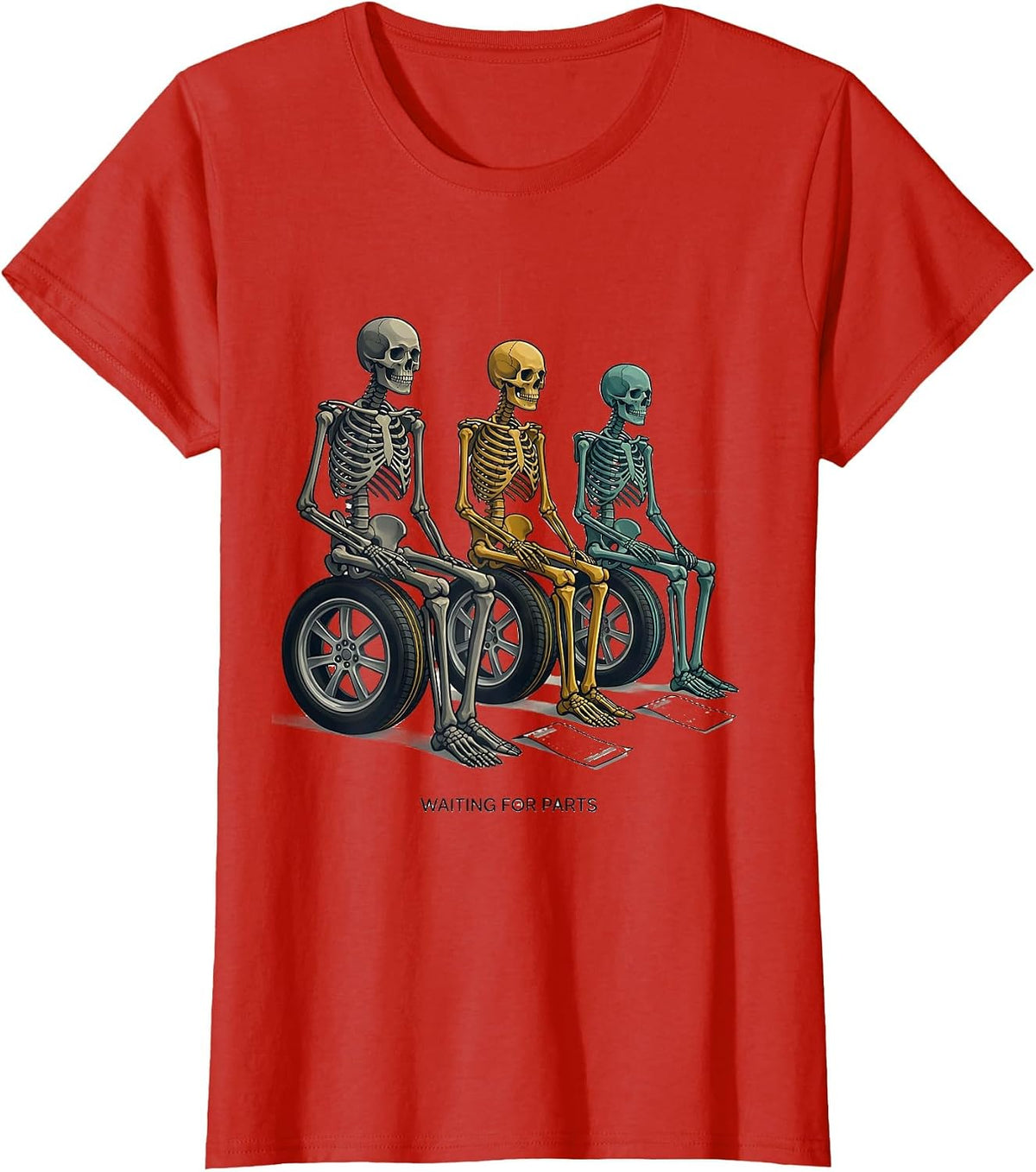 Women's Waiting For Parts Funny Mechanic Skeleton Auto Repair Life T-Shirt - Red