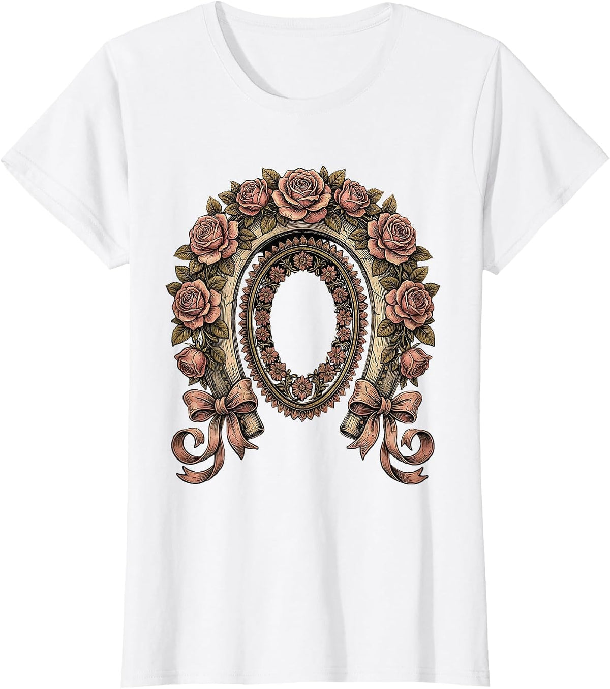 Floral Horseshoe Roses Derby Fashion Design T-Shirt - White