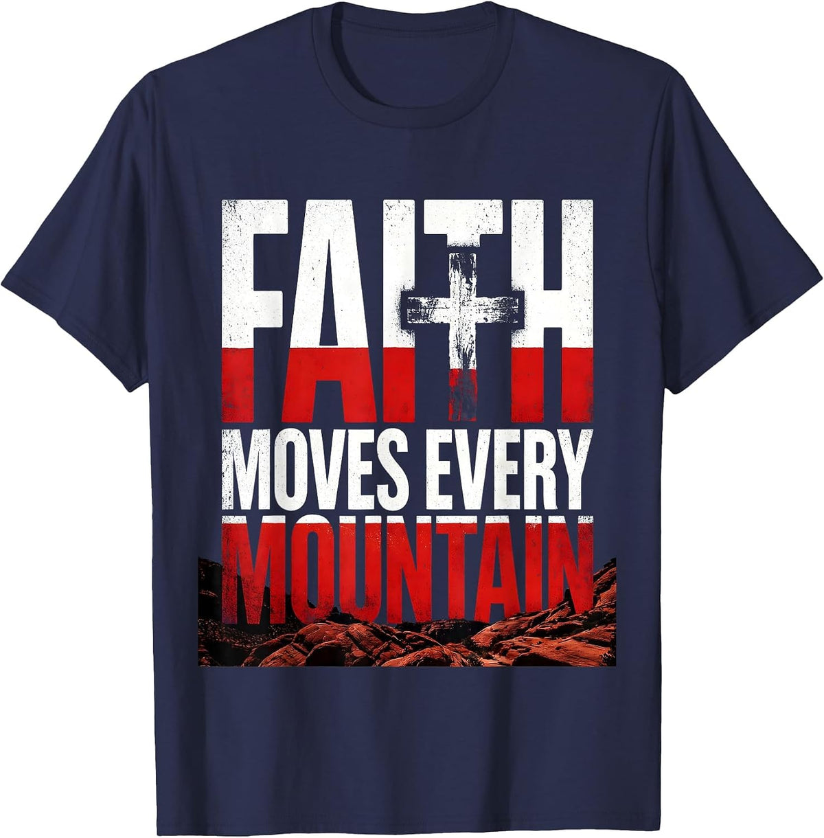 Men's Faith Over Fear Distressed Cross Mountain Design T-Shirt - Navy Blue