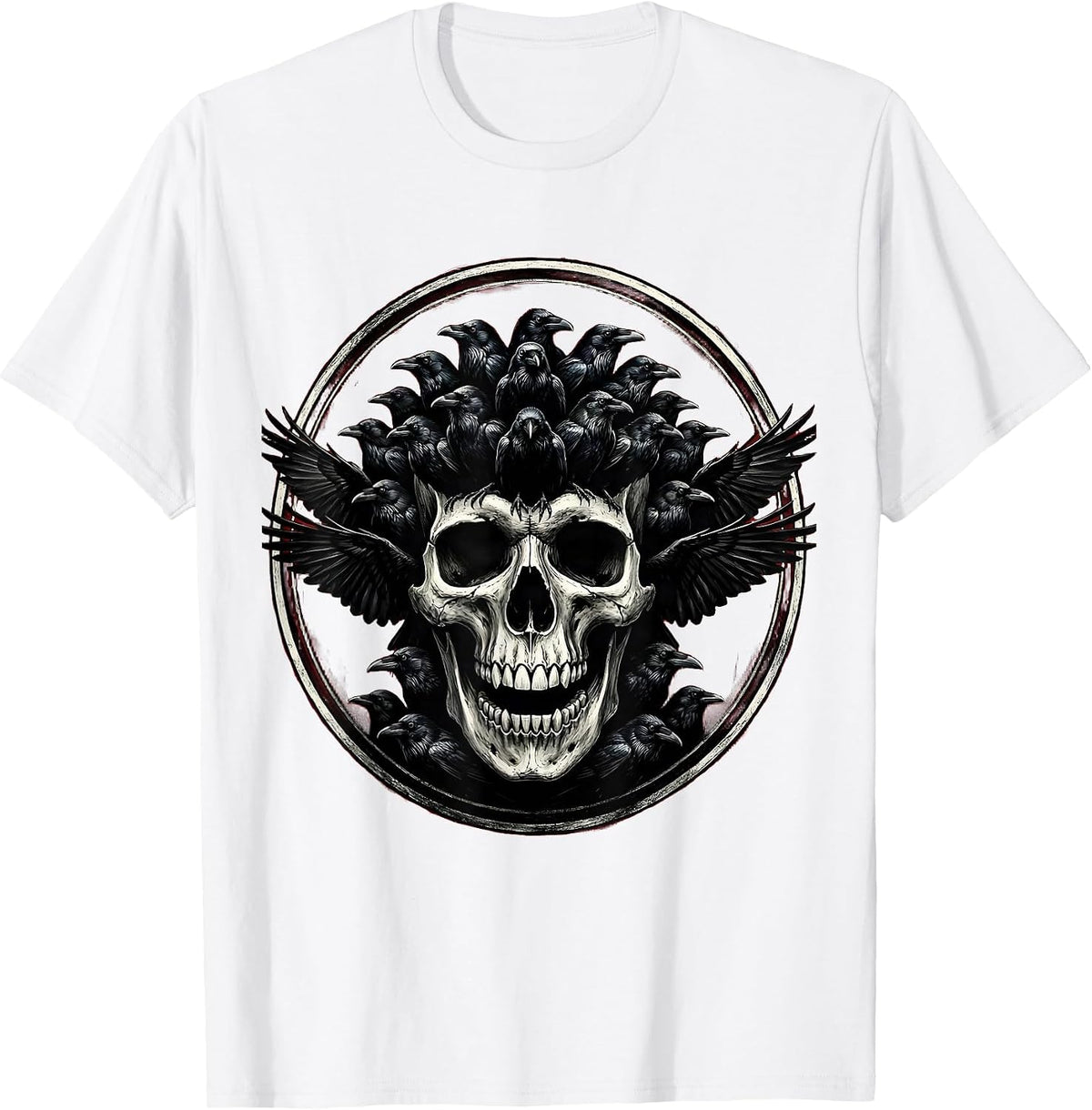 Men's Flock of Crows Skull Illusion Dark Art Design T-Shirt - White