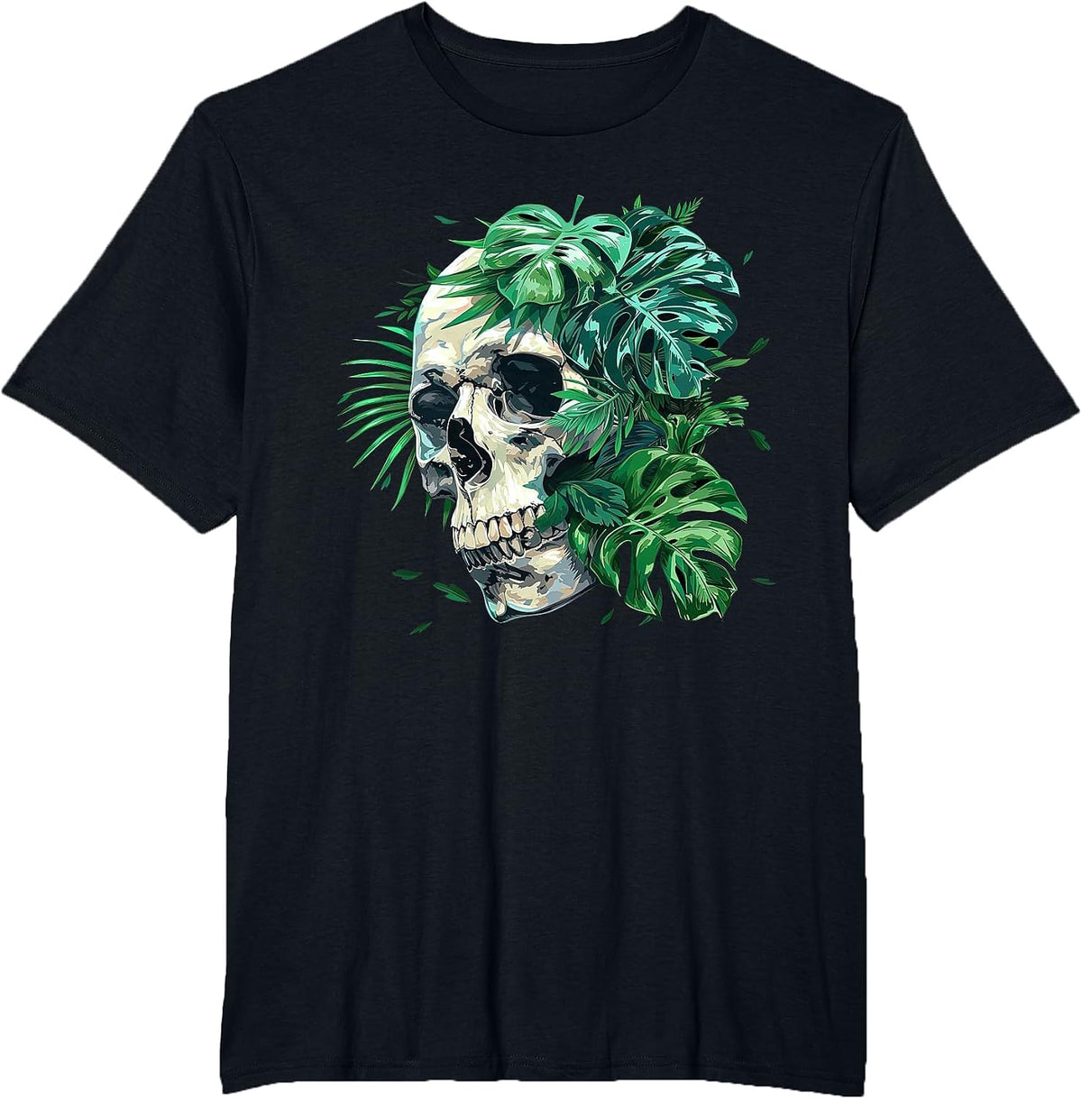 Aesthetic Goth Grunge Skull Tropical Monstera Leaf Skeleton T-Shirt - Black