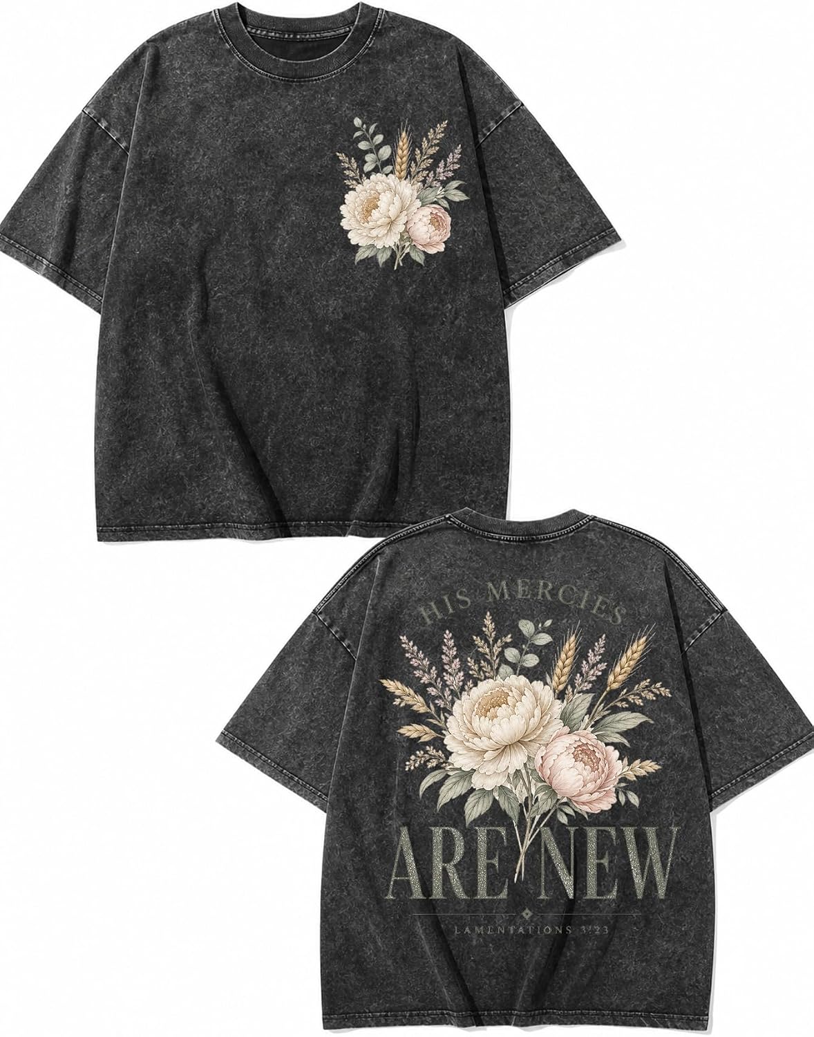 Men Oversized Acid Wash Christian Graphic Tee Faith Floral Soft Tee - Black His Mercies