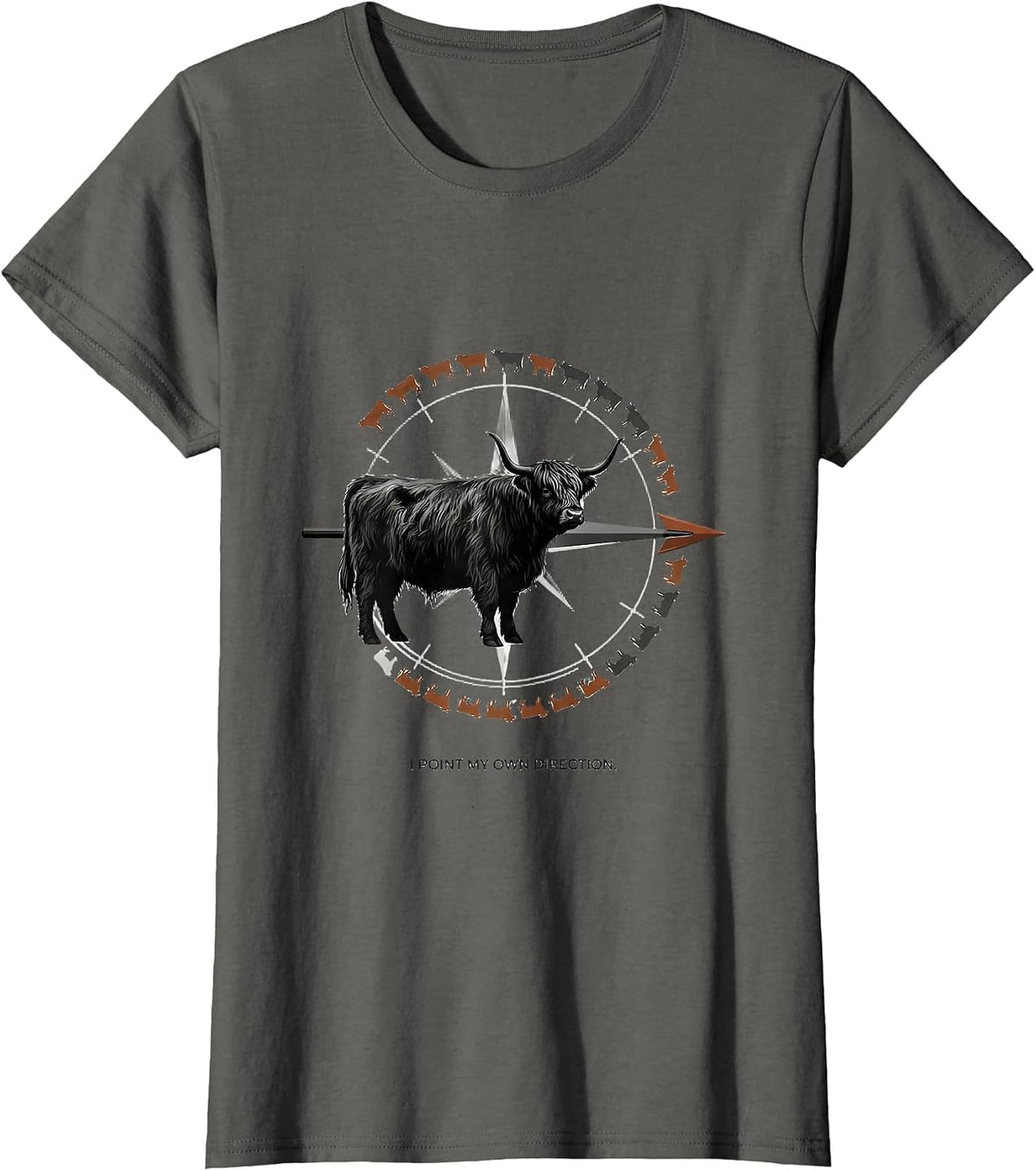 Women's I Point My Own Direction Funny Highland Cow Farm Humor T-Shirt - Asphalt Grey