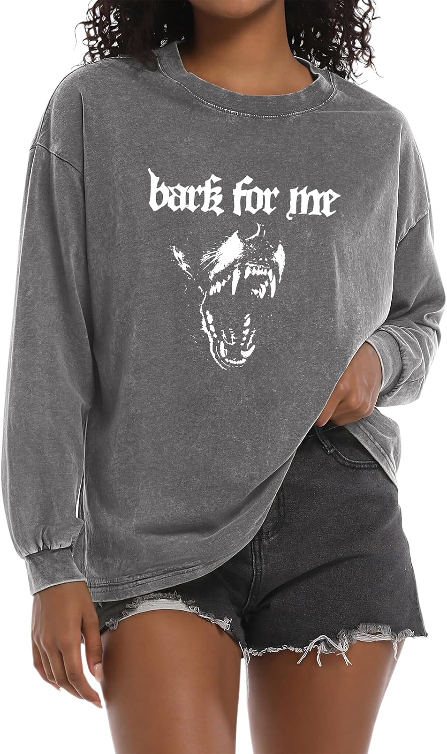 Women Goth Grunge Bark for Me Shirt Streetwear Graphic Tees Gothic Acid Wash Long Sleeve Shirts - Gray