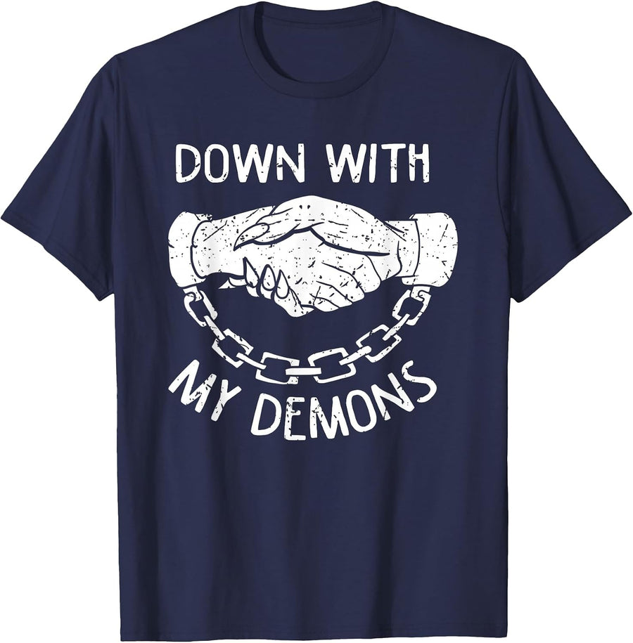 Down with My Demons Deal Handshake Aesthetic Goth T-Shirt - Navy Blue