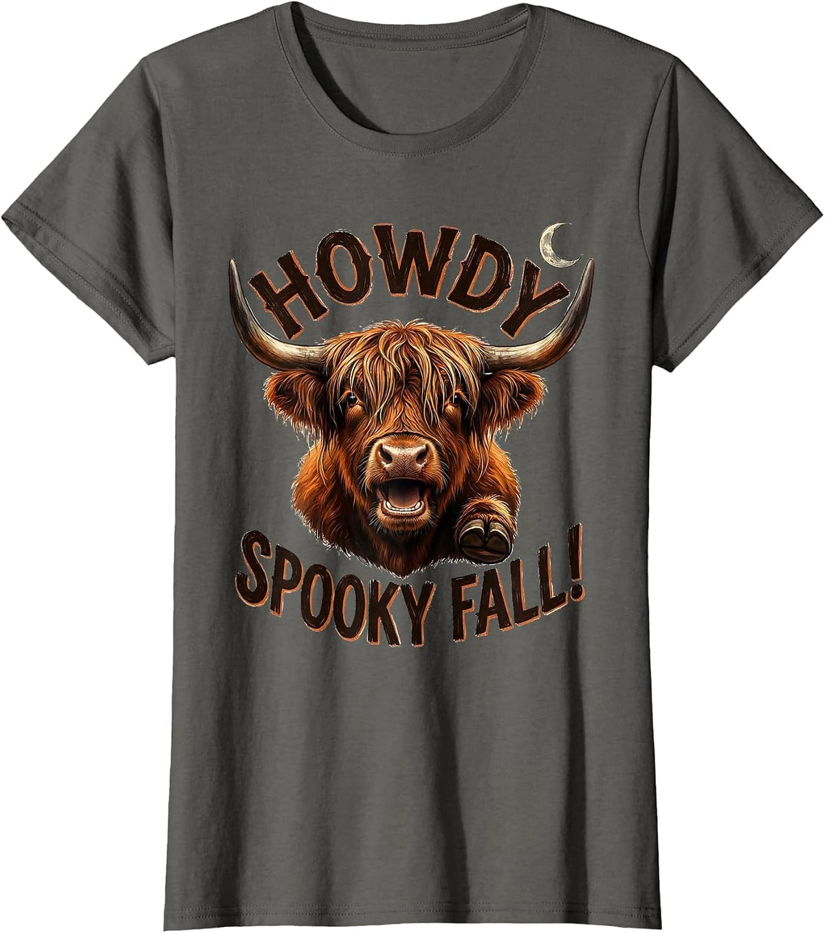 Women's Howdy, Spooky Fall! Funny Highland Cow Fall Halloween Humor T-Shirt - Asphalt Grey
