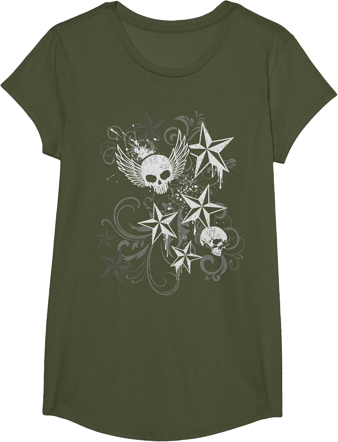 Y2k Grunge Skull Wings 2000s 90s Emo Harajuku Goth T-Shirt - Girls Olive Green