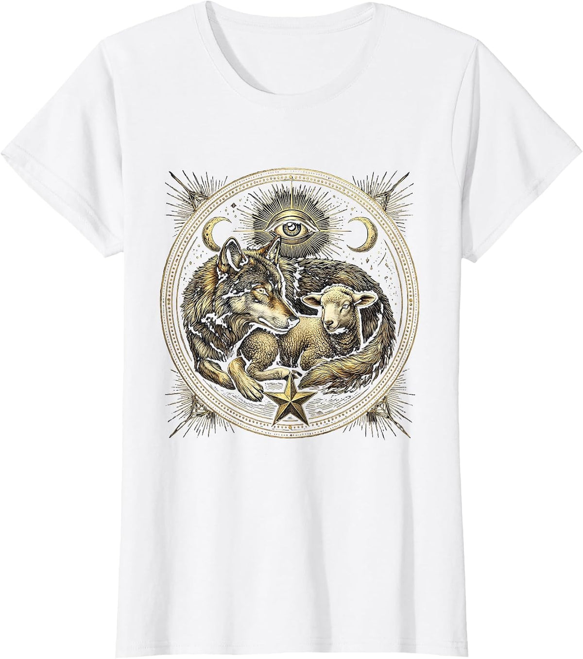 Women's Wolf and Lamb Resting Together Faith Over Fear T-Shirt - White