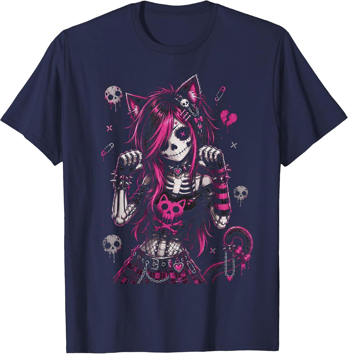 Emo Skeleton Cat Girl Pink Goth Aesthetic Rock Design T-Shirt - Navy Blue