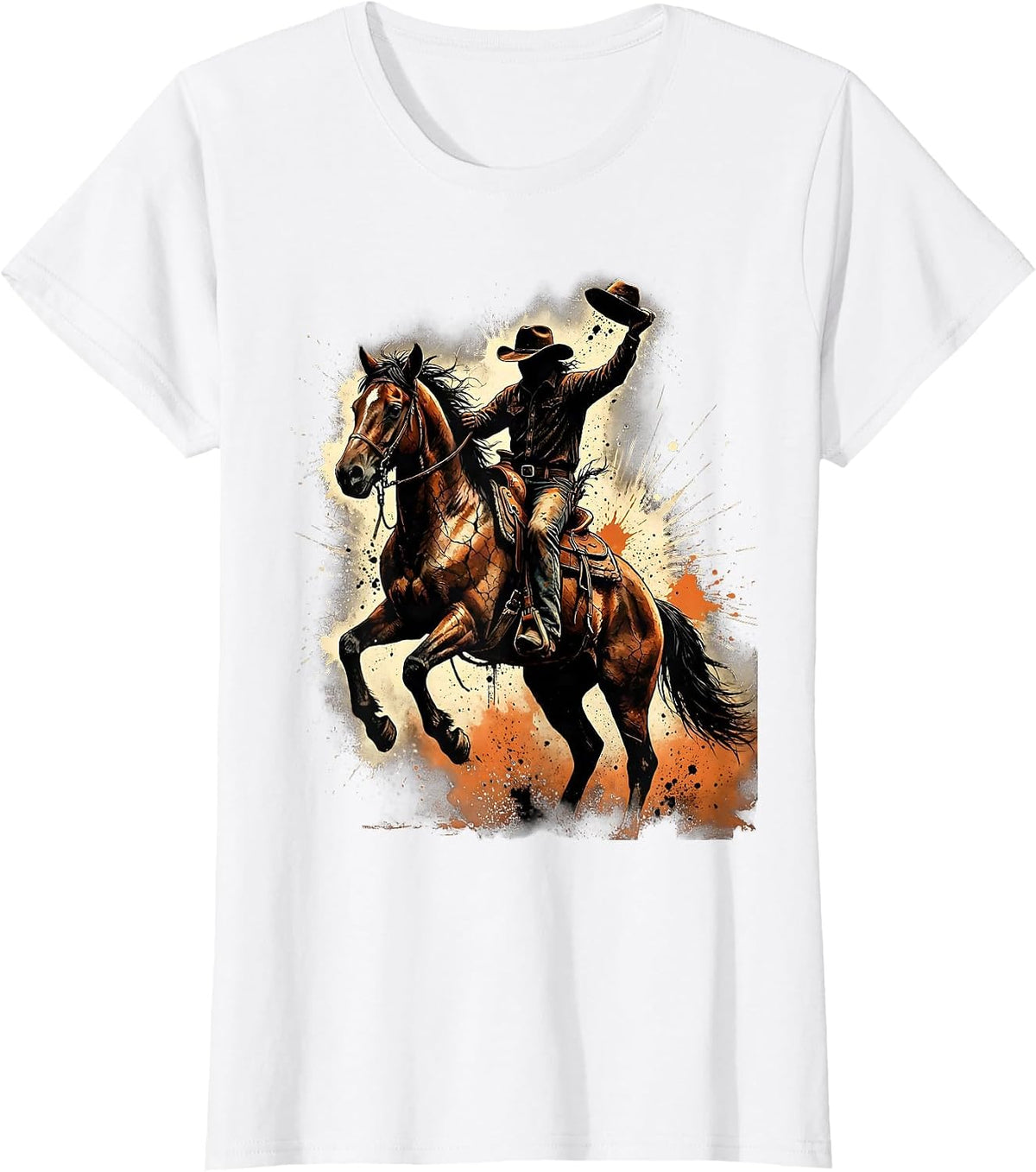 Cowboy Riding Bucking Bronco Rodeo Graphic T-Shirt - White