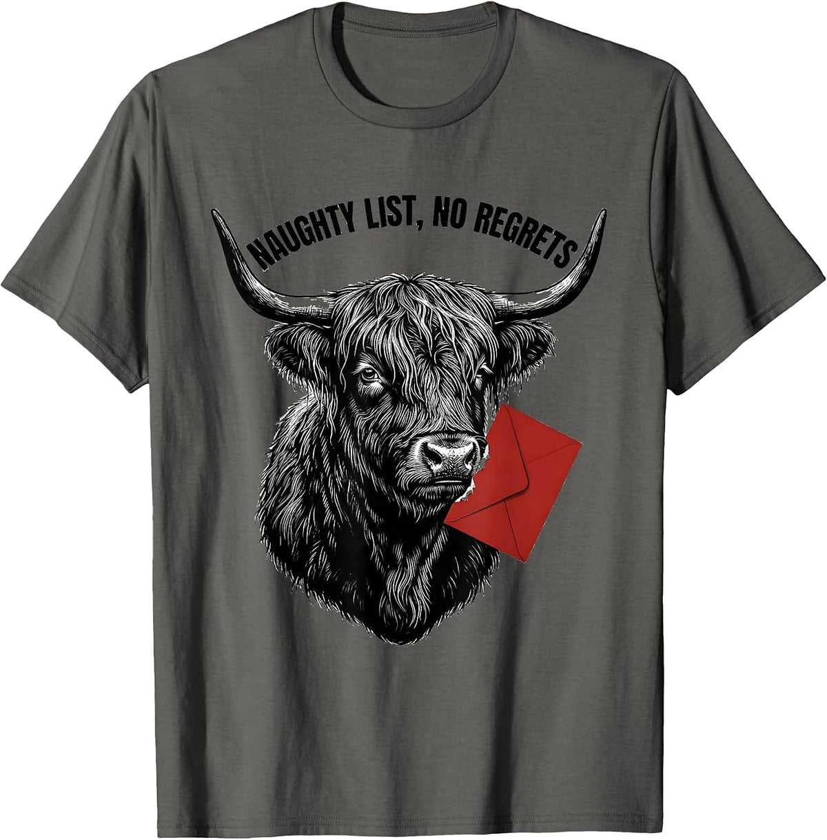 Men's Naughty List No Regrets Funny Highland Cow Farm Animal T-Shirt - Asphalt Grey