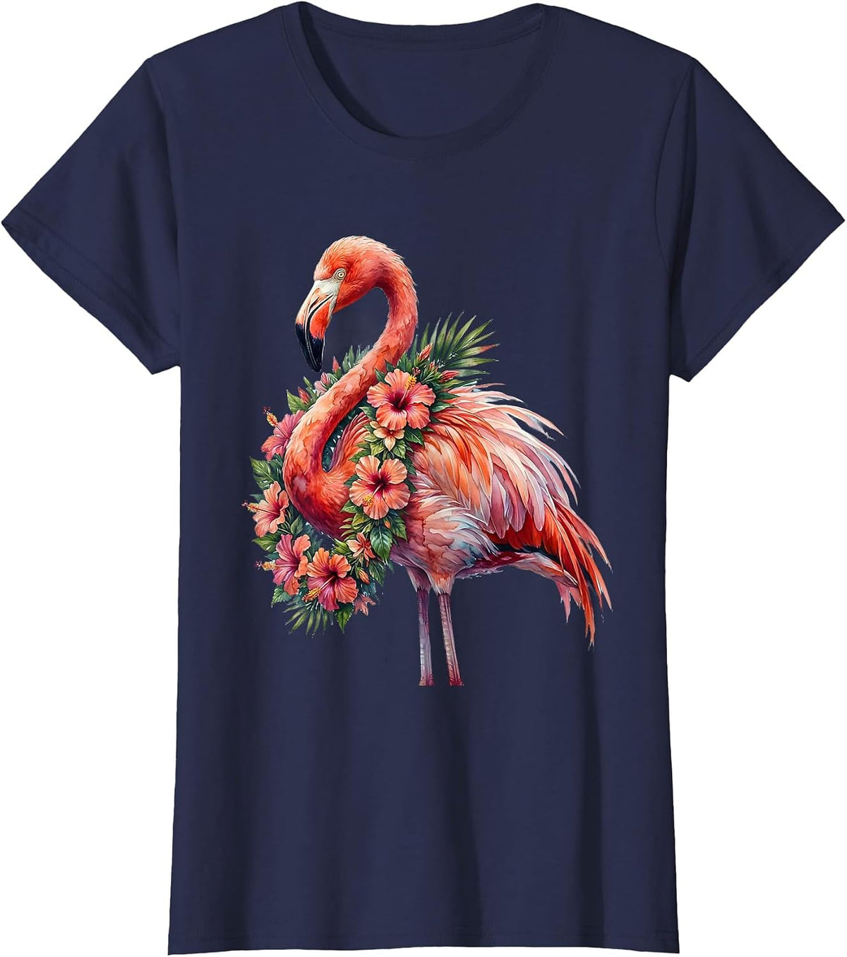 Women's Flamingo Floral Lei Hawaiian Tropical Design T-Shirt - Navy Blue