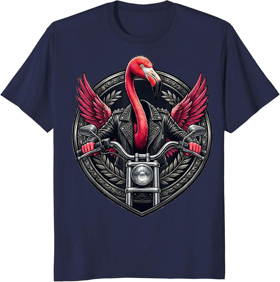 Flamingo Biker Leather Jacket Motorcycle Graphic T-Shirt - Navy Blue