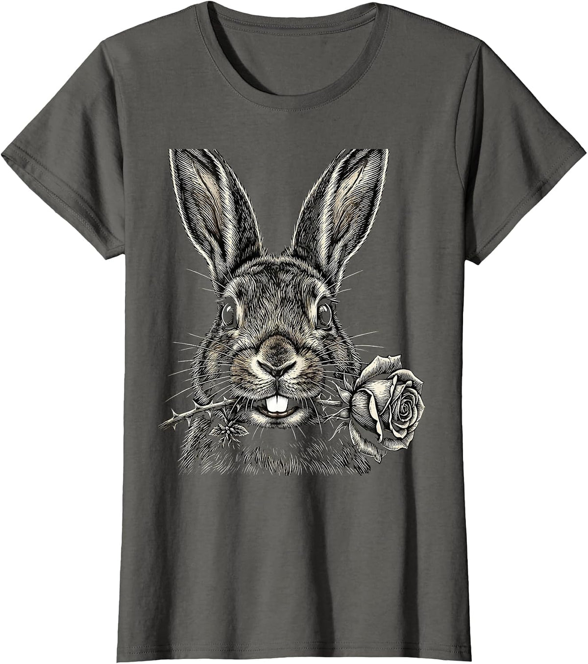 Women's Creepy Cute Rabbit Alt Goth Horror Aesthetic T-Shirt - Asphalt Grey