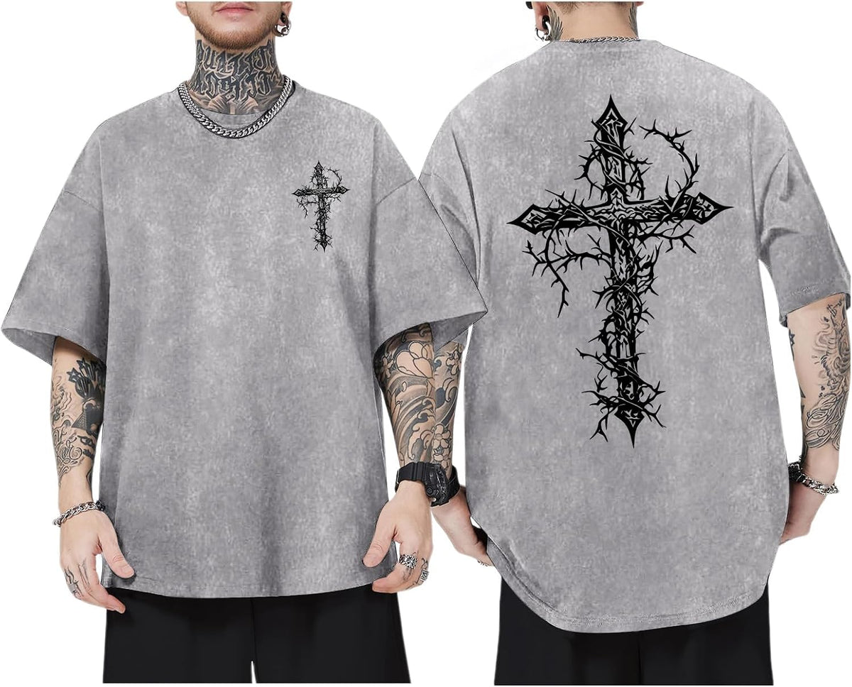 Men's Goth Shirt Oversized Acid Wash Grunge Shirts Gothic Cross Graphic Tees Vintage Streetwear Summer Tshirts - Light Gray