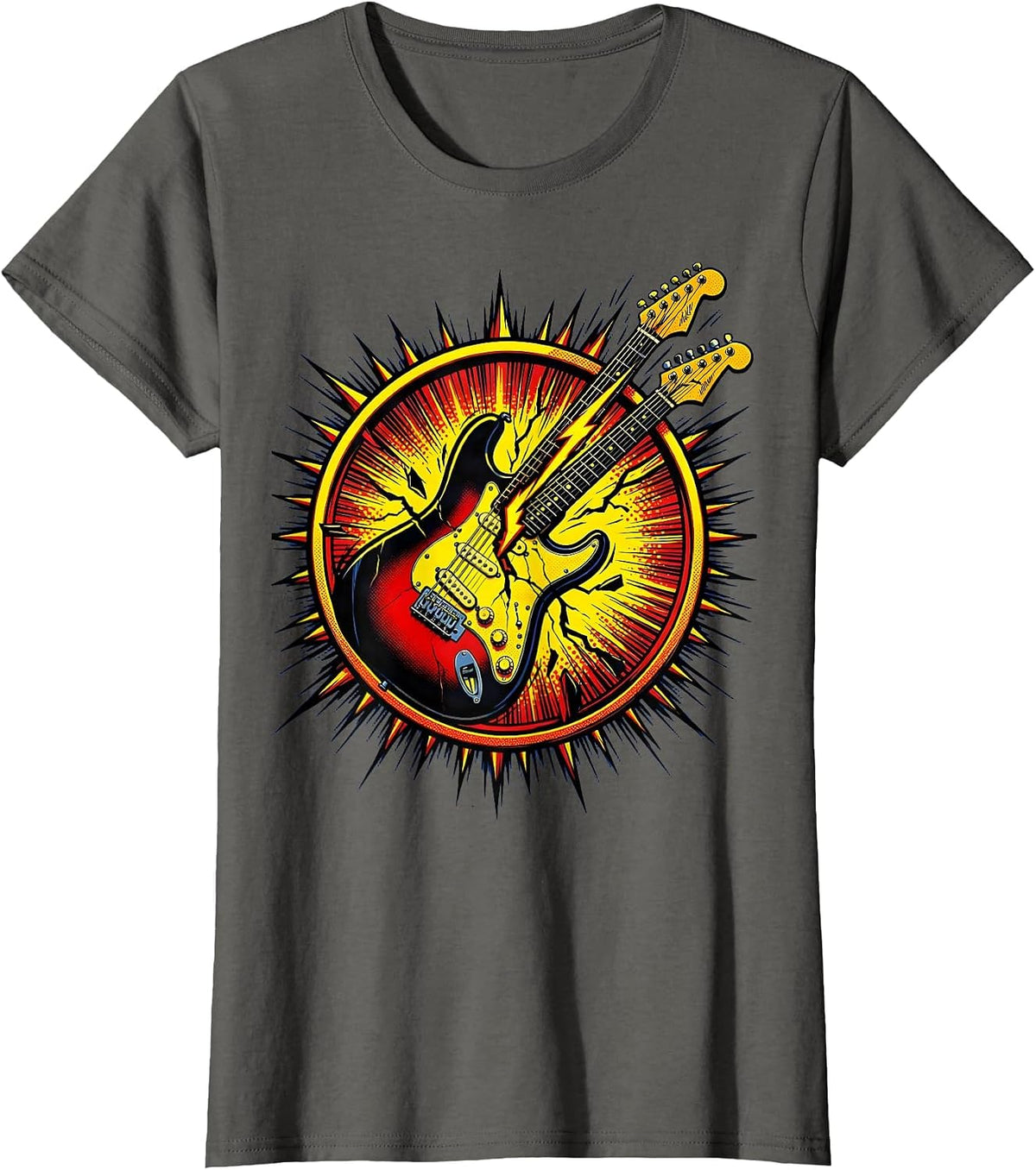 Women's Electric Guitar Lightning Bolt Split 80s Rock Art T-Shirt - Asphalt Grey