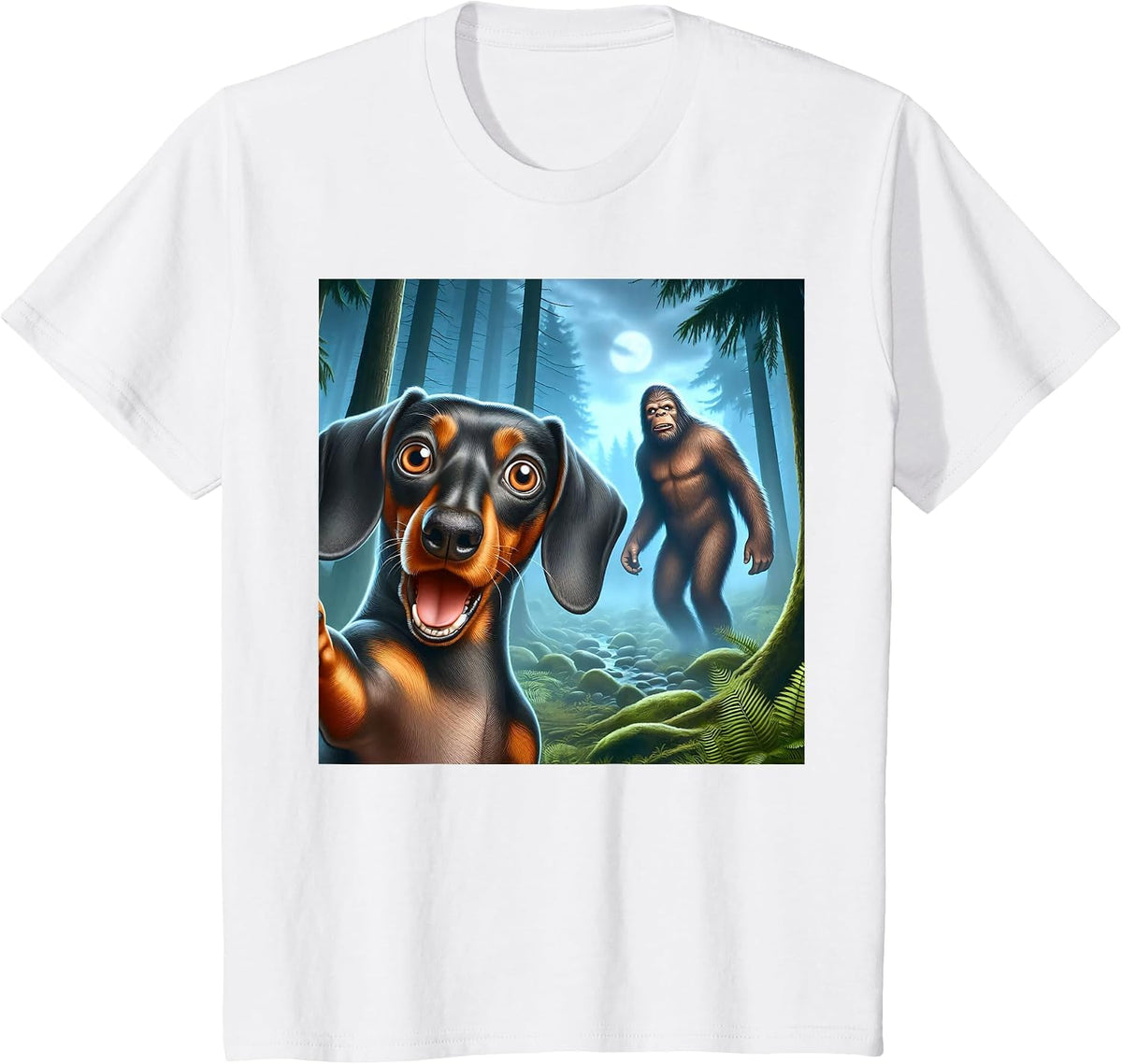 Dachshund Selfie with Bigfoot Sasquatch T-Shirt - White