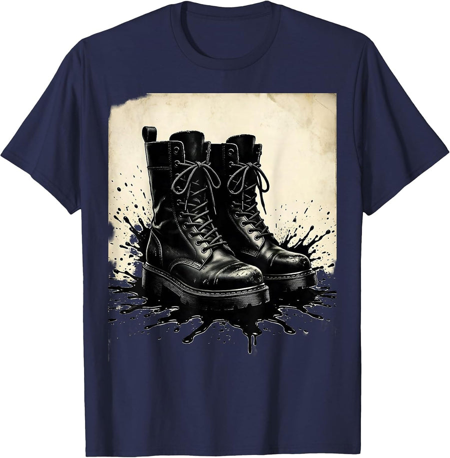 Grease-Covered Mechanic Boots Graphic Tee T-Shirt - Navy Blue