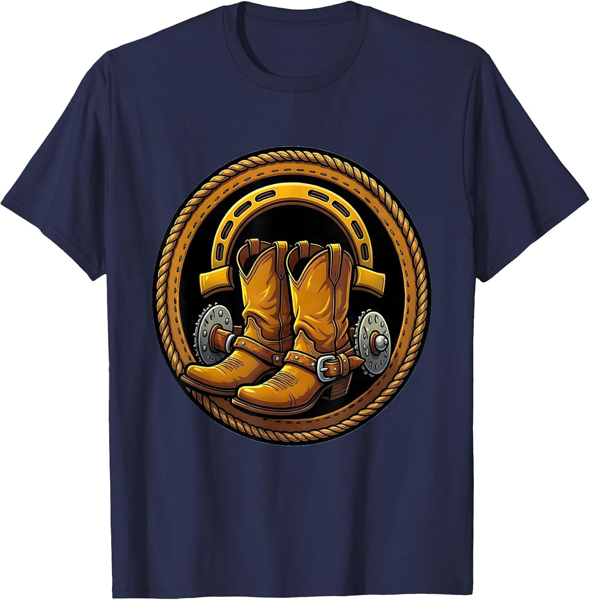 Cowboy Boots Horseshoe and Spurs Western Graphic T-Shirt - Navy Blue
