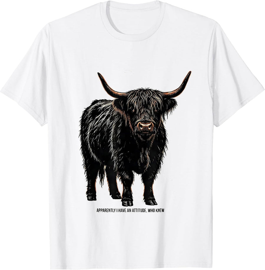 Men's Apparently I Have An Attitude, Who Knew Funny Highland Cow T-Shirt - White