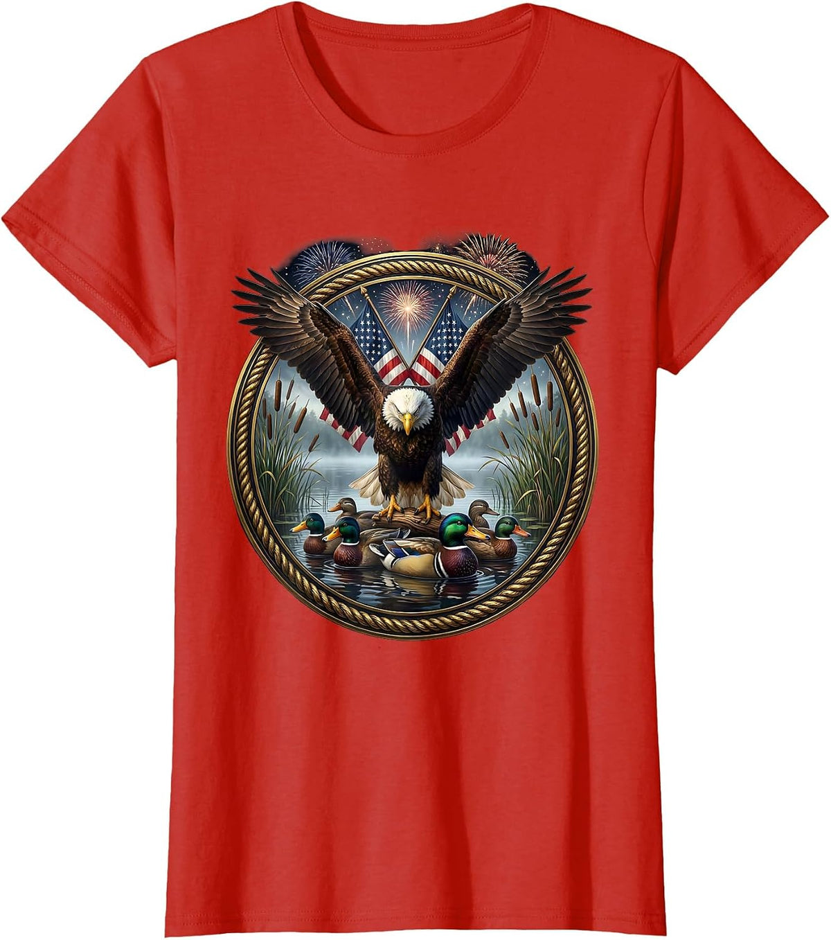 Camo Waterfowl Decoys Foggy Lake Hunting Design T-Shirt - Red