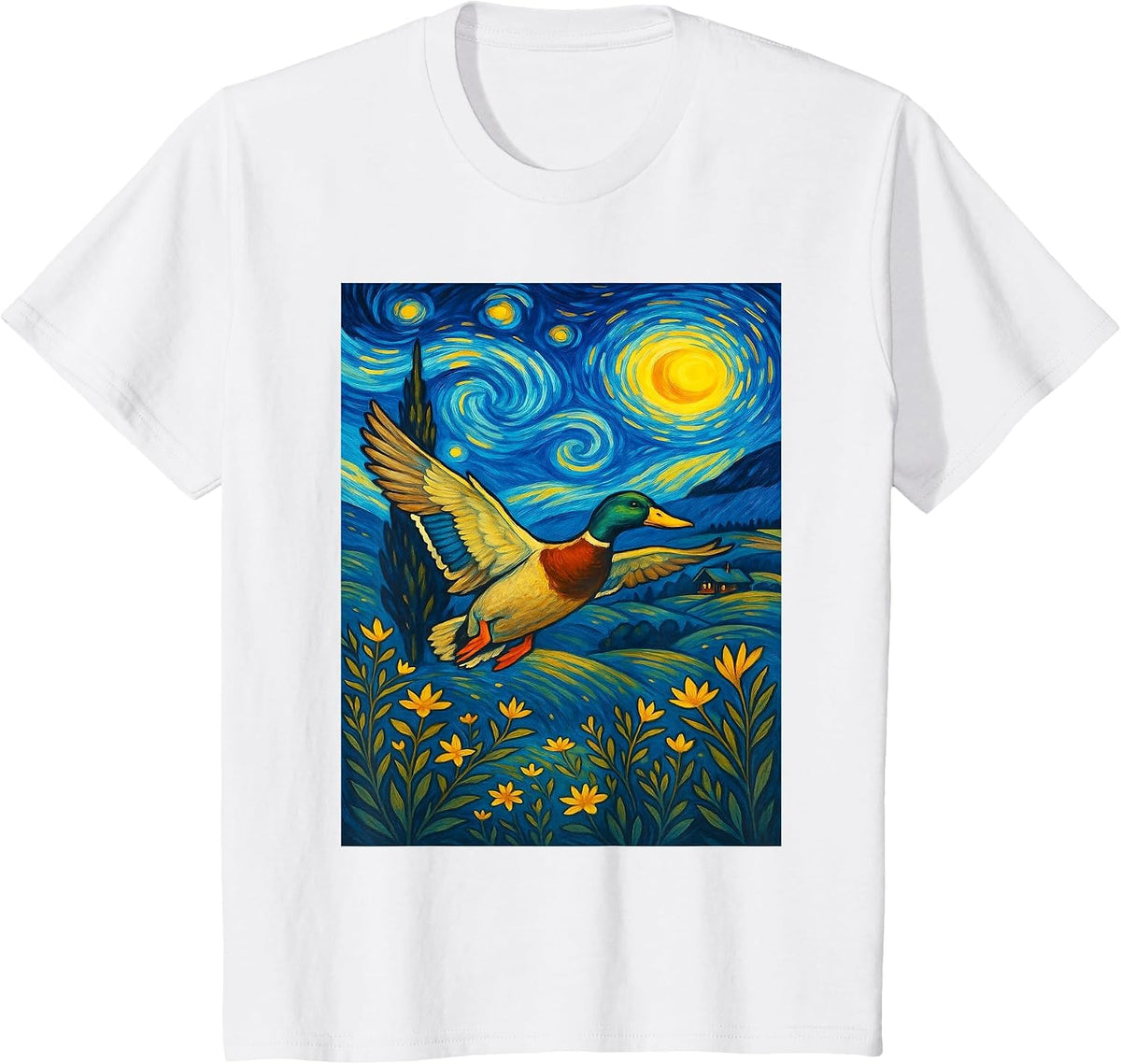 Starry Night Mallard Duck Van Gogh Style Hunting Farmer Farm T-Shirt - White